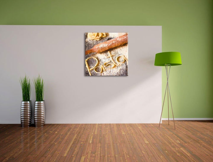 Pasta vor Nudelholz, Format: 70x70 auf Leinwand, XXL riesige Bilder fertig gerahmt mit Keilrahmen, K