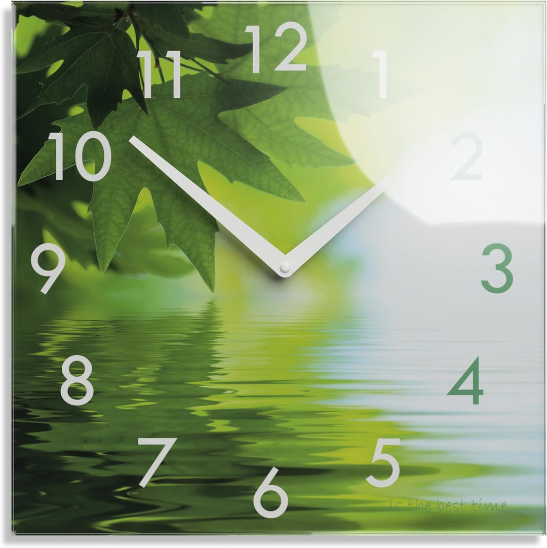 FLEXISTYLE Wanduhr küche Wohnzimmer 30 x 30 cm, aus Glas, mit Direktdruck eckig modern (AHORNBLÄTTER
