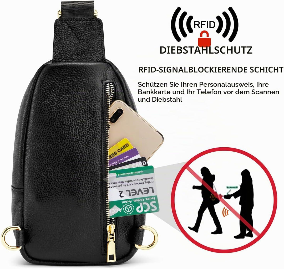Kattee Damen Brust-Umhängetasche Echtes Leder Sling-Rucksack Kleine Umhängetasche mit RFID-Blockieru