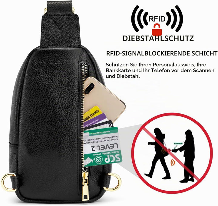 Kattee Damen Brust-Umhängetasche Echtes Leder Sling-Rucksack Kleine Umhängetasche mit RFID-Blockieru