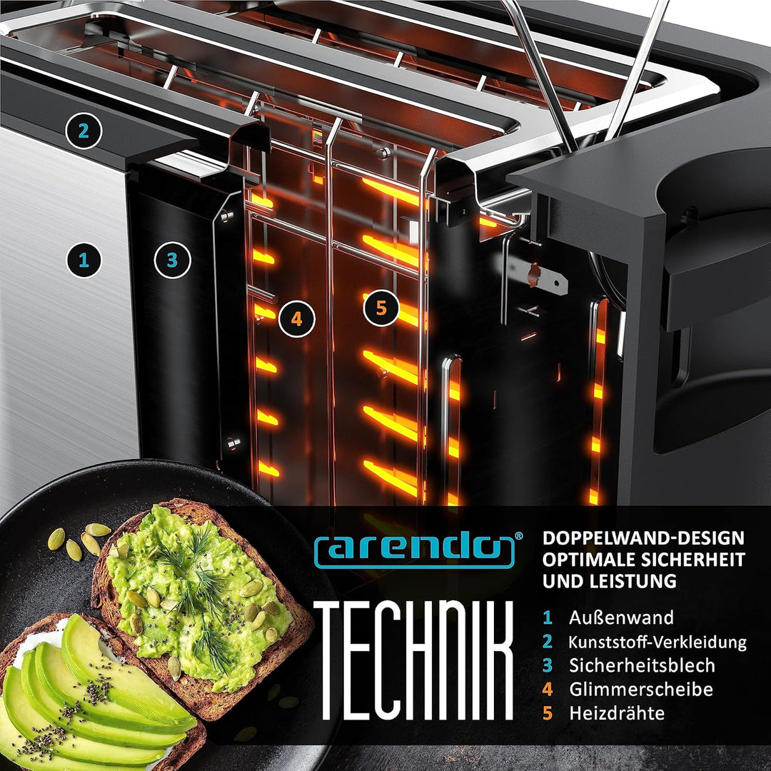 Arendo - Touch Toaster 2 Scheiben Edelstahl - Touchpanel - digital Display Restzeitanzeige - 800 W –