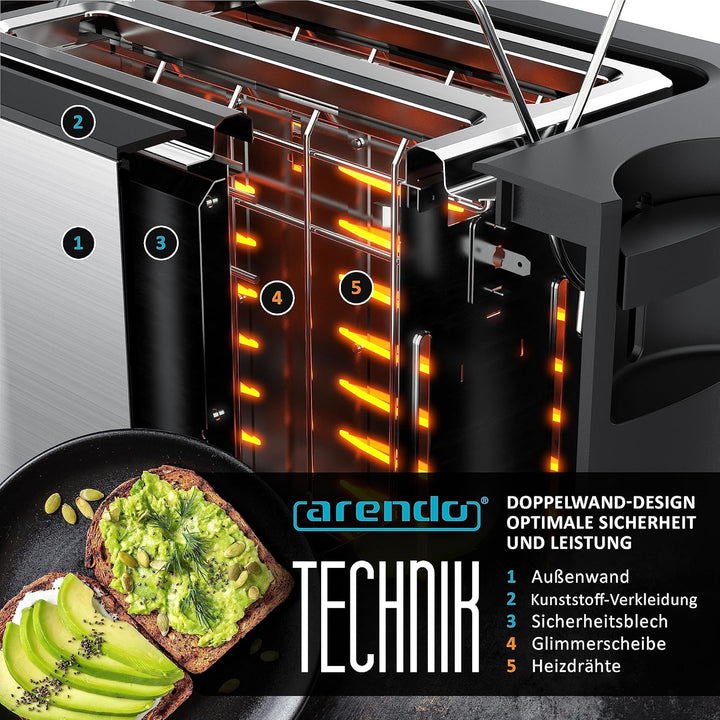 Arendo - Touch Toaster 2 Scheiben Edelstahl - Touchpanel - digital Display Restzeitanzeige - 800 W –