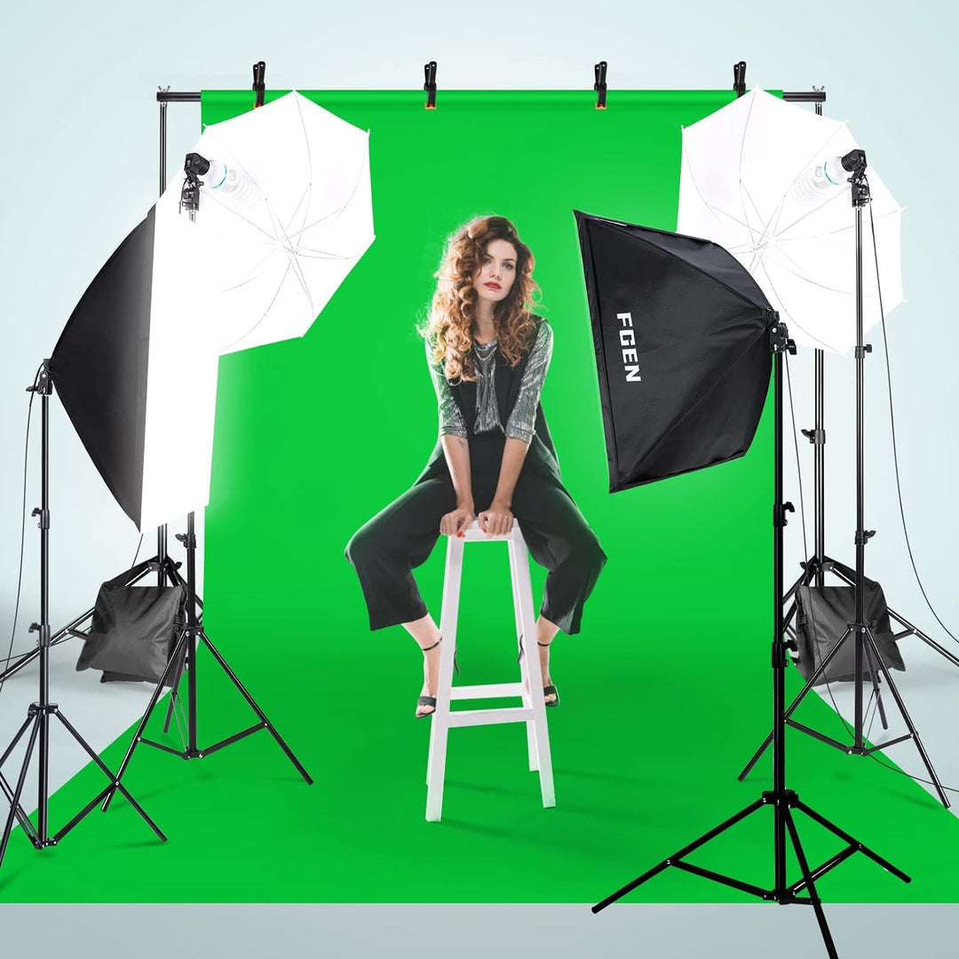 Softbox Fotostudio Set, FGen Baumwolle Greenscreen Set 2.6Mx3M Fotostudio Hintergrundsystem mit 135W