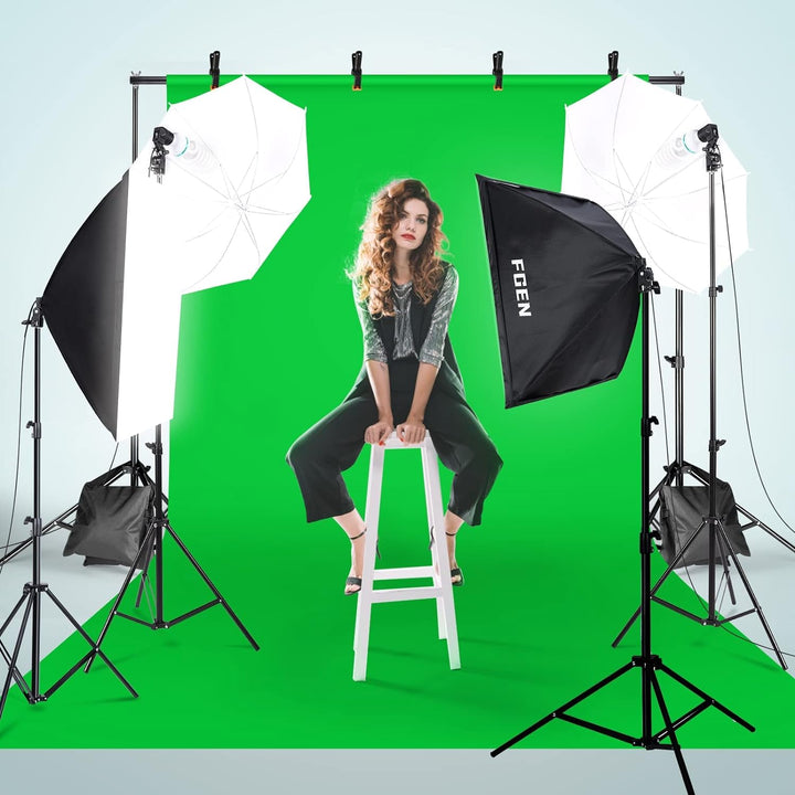 Softbox Fotostudio Set, FGen Baumwolle Greenscreen Set 2.6Mx3M Fotostudio Hintergrundsystem mit 135W