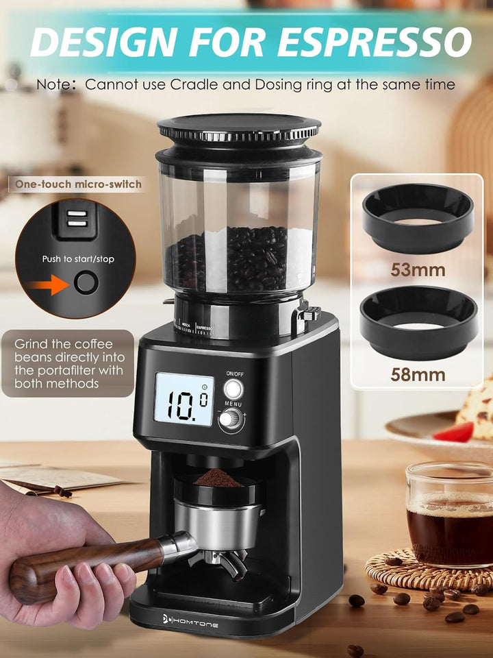 Homtone Elektrische Kaffeemühle für Siebträger, 51 einstellbare Mahlgrade, Kaffeemühle mit Grossem D