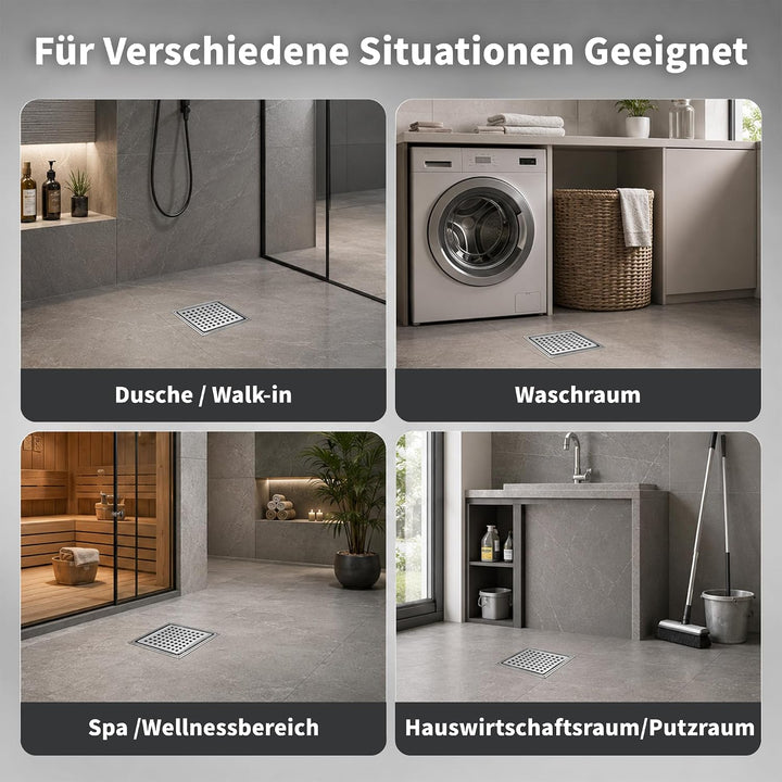 15x15CM Bodenablauf Duschrinne Quadratisch mit Geruchsstop | 2 in1 Befliesbar Ablaufrinne Duschablau