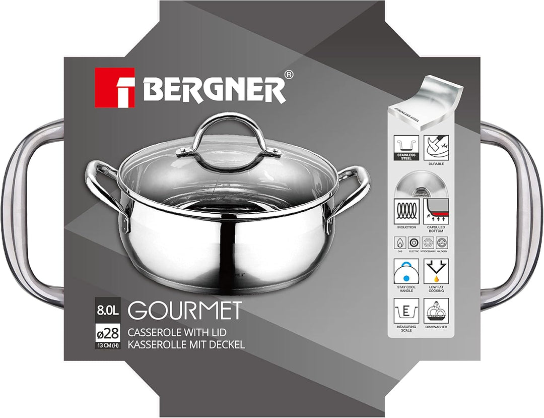 BERGNER Gourmet | Kochtopf mit Glasdeckel | 8 L Fassungsvermögen | Aus Edelstahl | Ergonomische Grif