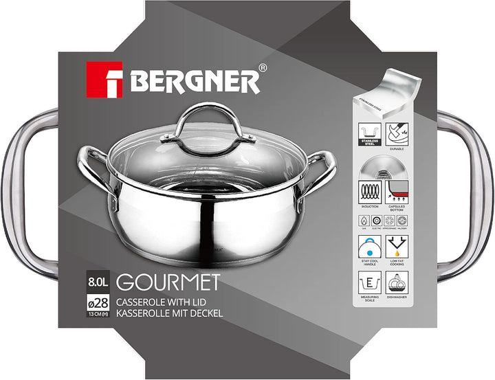 BERGNER Gourmet | Kochtopf mit Glasdeckel | 8 L Fassungsvermögen | Aus Edelstahl | Ergonomische Grif