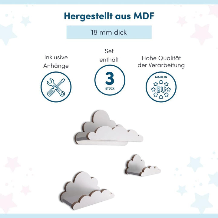 3er Set Wandregal Kinderzimmer Weiss | Babyzimmer Wolkenregal für Bücher, Spielzeug und Dekoration |