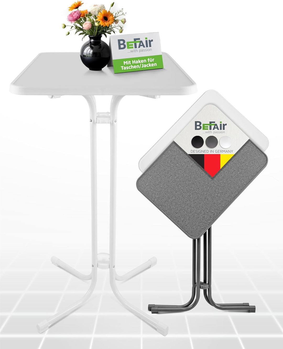 BeFair Stehtisch Klappbar Weiss Rechteckig 60 x 80 cm Ela - Stabiler Partytisch in Höhe 110 cm mit 4