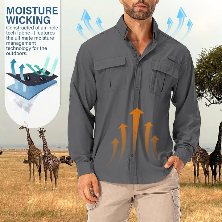Hemd Herren Safari UPF50+ UV Schutz Wanderhemd Herren Langarm Funktionshemd Outdoorhemd Atmungsaktiv