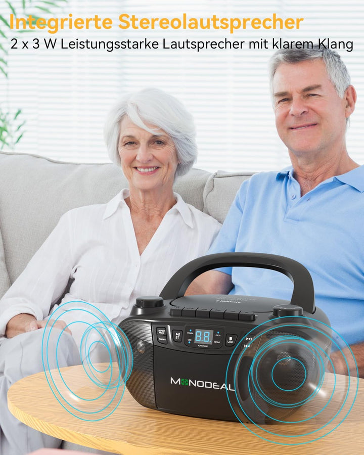 MONODEAL CD Player mit Kassette, Kassettenrekorder, Kassettenspieler, Radio mit CD und Kassette, CD