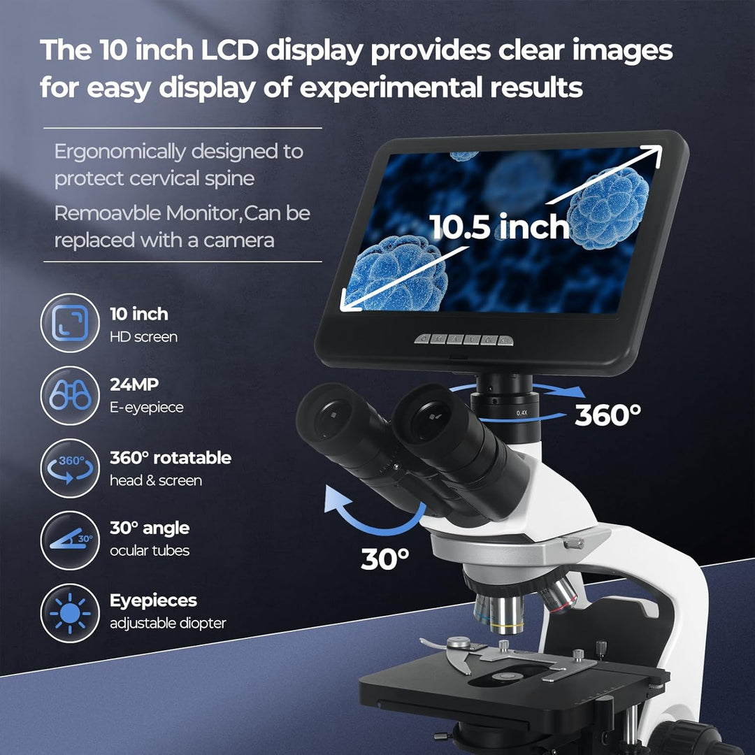 [Infinity-korrigiert] Trinokularmikroskop mit 10"-24MP-Monitor, 40-1000X Vergrösserung, unendlich ac