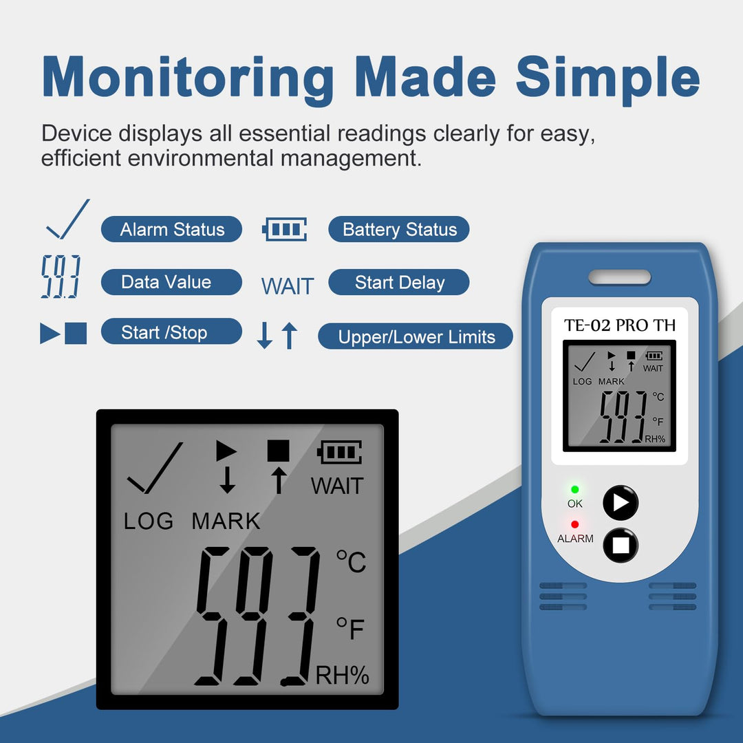ThermElc TE-02 Pro TH Datenlogger Temperatur Luftfeuchtigkeitmit automatischen CSV PDF Berichten, Ve