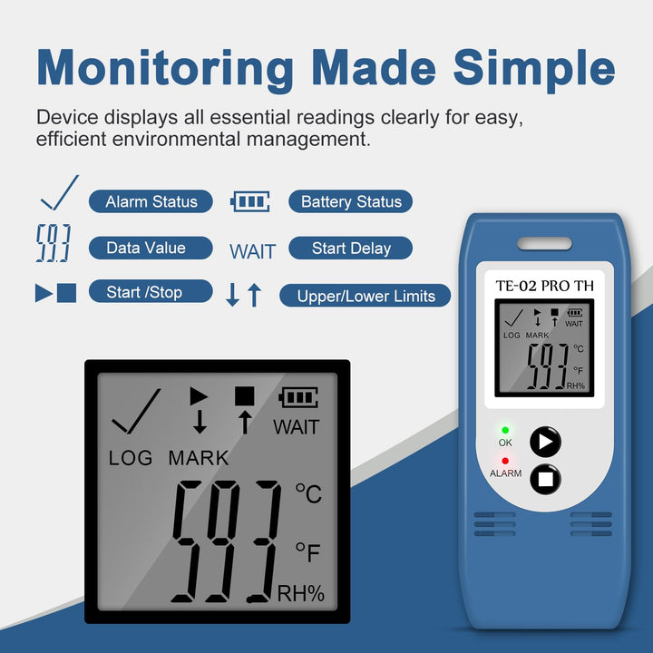 ThermElc TE-02 Pro TH Datenlogger Temperatur Luftfeuchtigkeitmit automatischen CSV PDF Berichten, Ve
