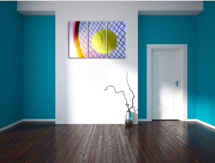 Pixxprint Tennisschläger Tennisball als Leinwandbild/Grösse: 3 Teilig (120x80 cm) cm/Wandbild/Kunstd