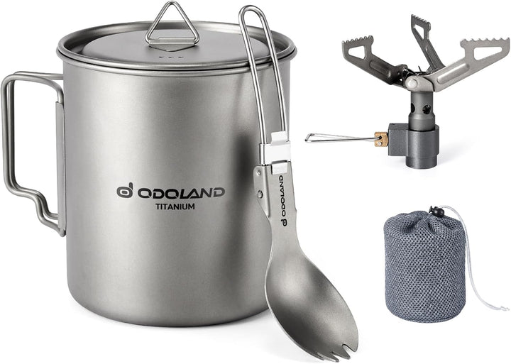 Odoland Titanium Camping Geschirr, Campingkocher 750ML Titanium Mugs, 1900W Ultra Light Titanium Min