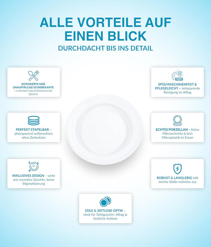 unisonoPLUS Suppenteller Porzellan Weiss 22 cm – Spezialteller mit Schiebekante, rutschfest, spülmas
