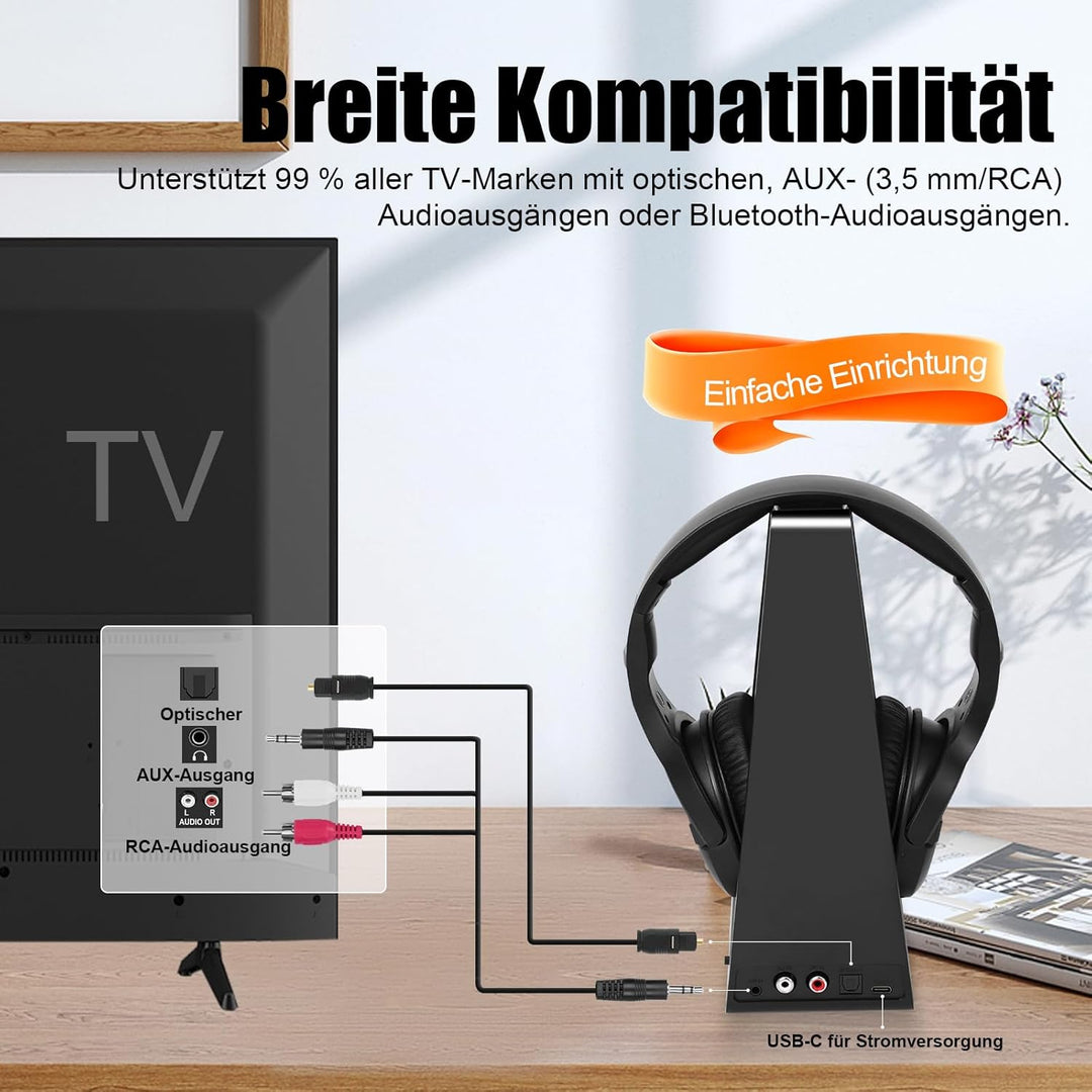 Kabellose TV-Kopfhörer mit Ladestation, kabelloser Kopfhörer zum Fernsehen, grosse Lautstärkeregler