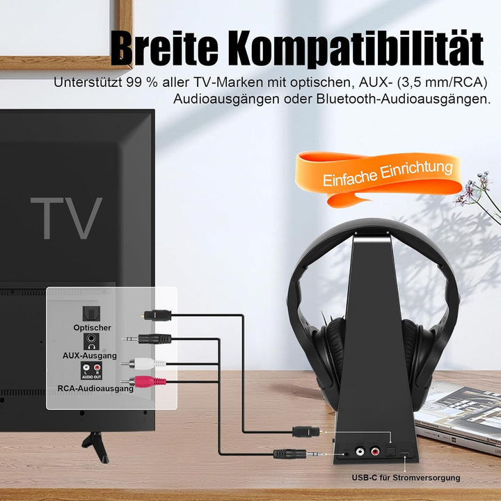 Kabellose TV-Kopfhörer mit Ladestation, kabelloser Kopfhörer zum Fernsehen, grosse Lautstärkeregler