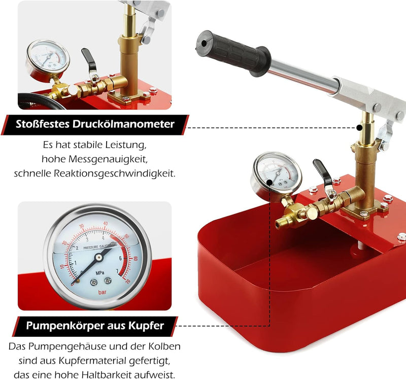 Dyna-Living Abdrückpumpe Prüfpumpe Befüllpumpe 5L Füllpumpe Heizung Druckprüfpumpe 7 MPa/0-70 bar Ga