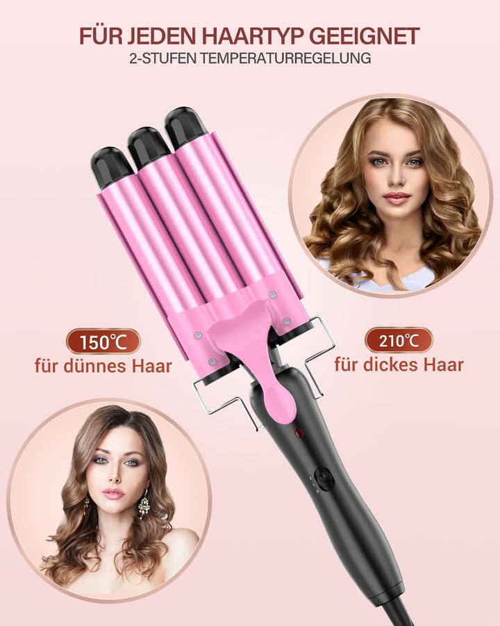 Lockenstab 3 Fässer Beach Waves Welleneisen für Haare, 25mm Kleine Locken Keramik Lockeneisen-Temper