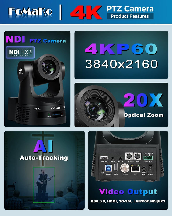 FoMaKo PTZ Kamera 4K 60FPS NDI HX3, 20x Optischer Zoom, Gen 3 KI Auto-Tracking, 3G-SDI/HDMI/NDI/USB/