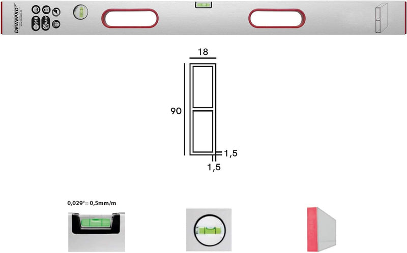 DEWEPRO® Alu Richtlatte - Setzlatte - Abziehlatte mit 2 Libellen und 2 Handgriffe - Länge:150cm / 1,