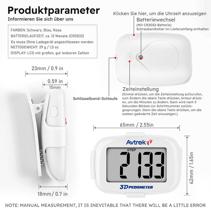 AVTREK Präziser 3D-Schrittzähler Mini-Schrittzähler für Walking oder Laufen im Freien Wanderaktivitä