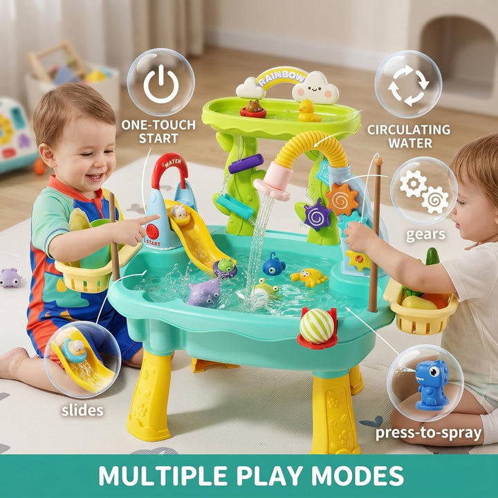 Wasserspieltisch, 2-lagige 6-in-1-Wassertabletts für Kinder mit Umlauf-, Rutschen- und Angelfunktion