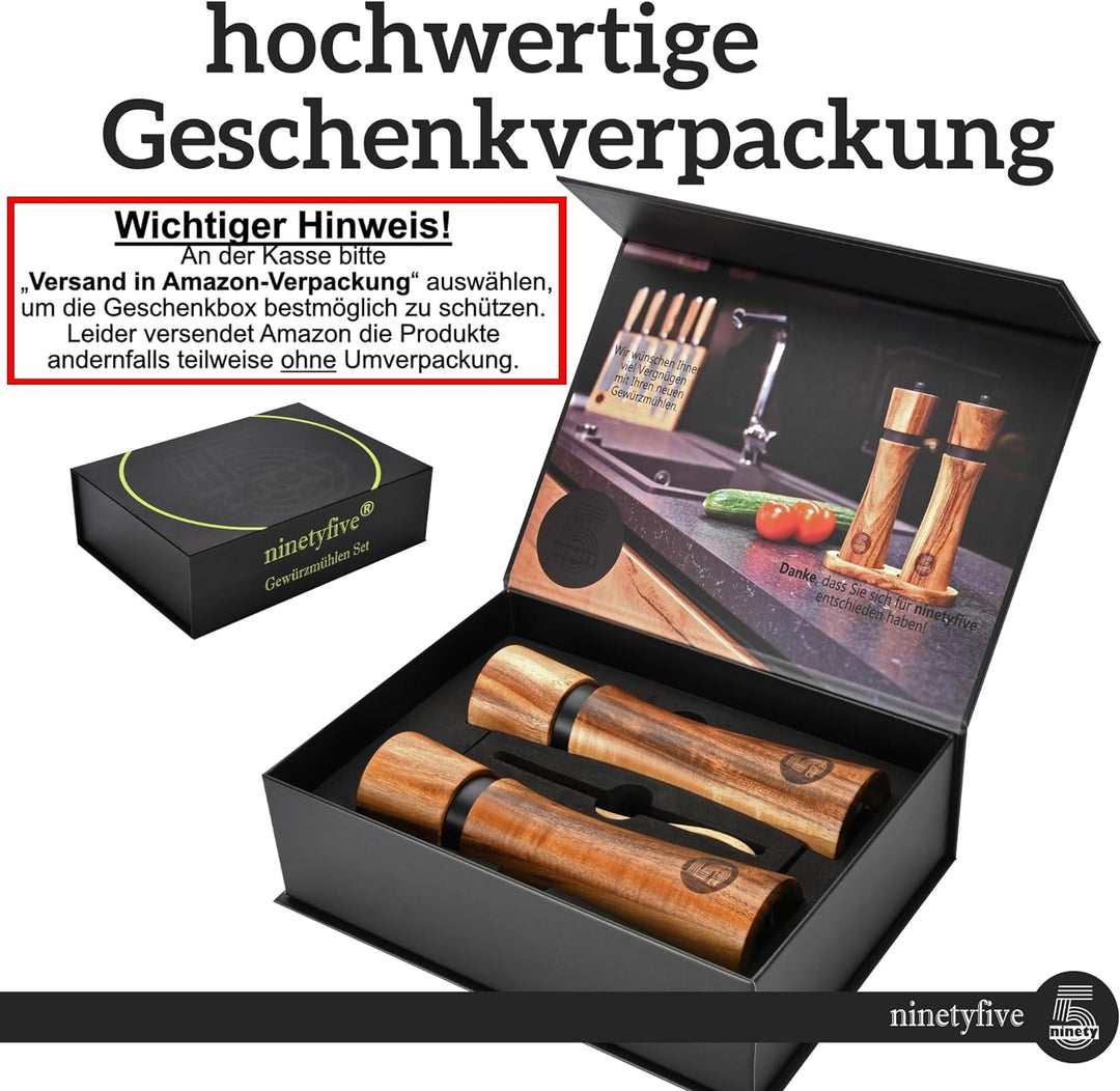 ninetyfive® edles Pfeffermühlen Set aus Holz | Salz und Pfeffermühle + Untersetzer und Einfülllöffel