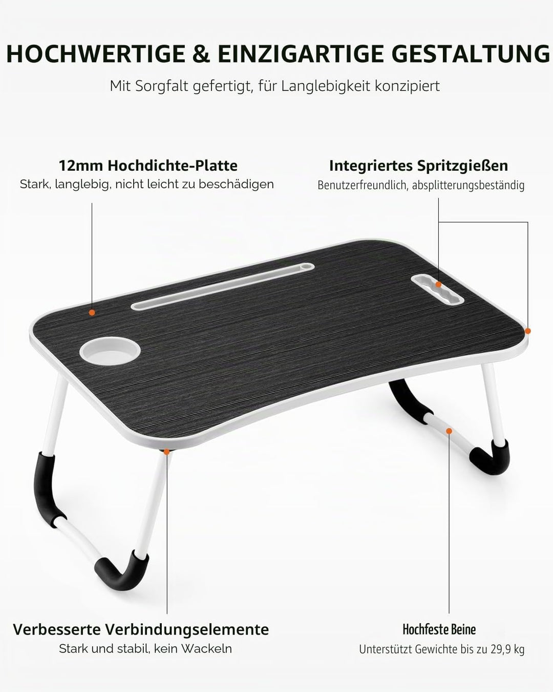 Faltbarer Laptoptisch, tragbarer Schossschreibtisch, Betttisch, Laptop-Ständer mit Getränkehalter &