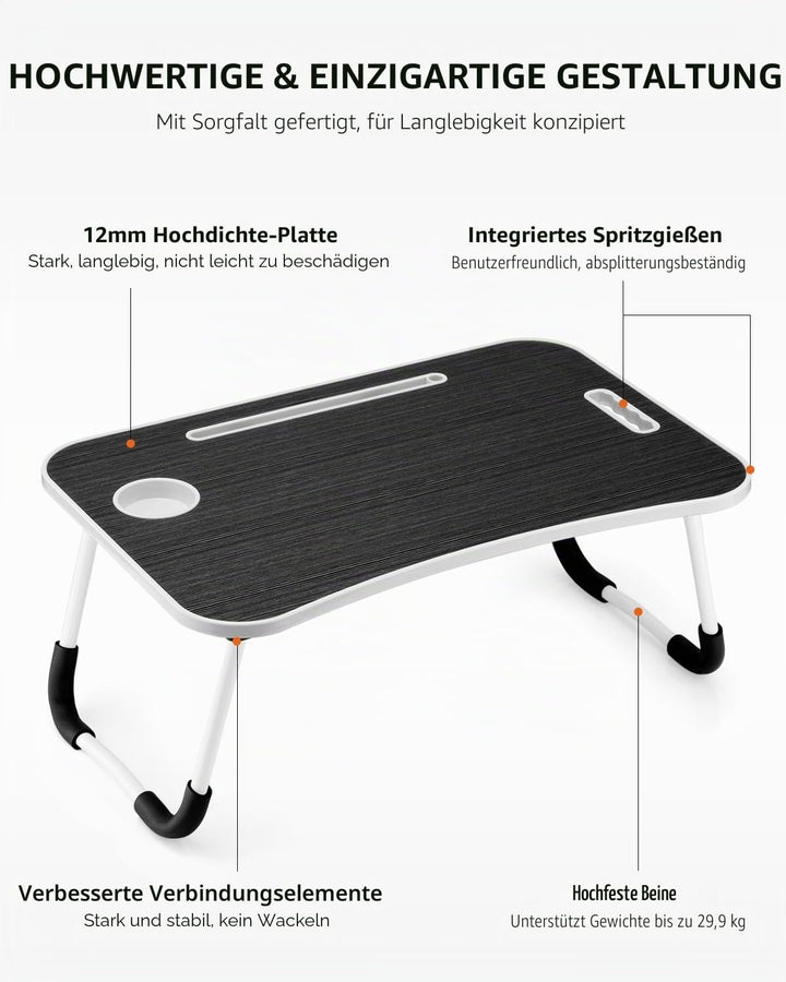 Faltbarer Laptoptisch, tragbarer Schossschreibtisch, Betttisch, Laptop-Ständer mit Getränkehalter &