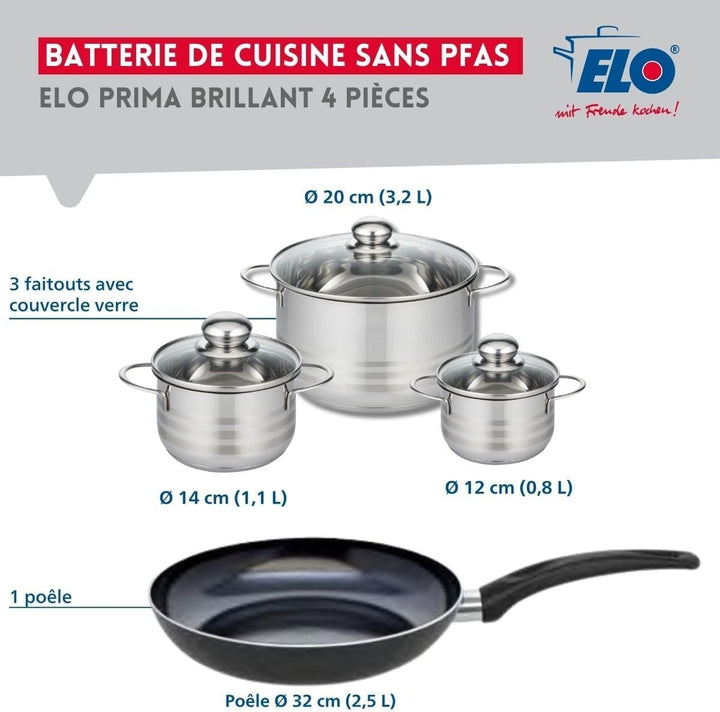 ELO 9720250 Kochgeschirr-Set, 4-teilig, 1 Bratpfanne 32 cm und 3 Kochtöpfe 12, 14 und 20 cm, Elo Pri
