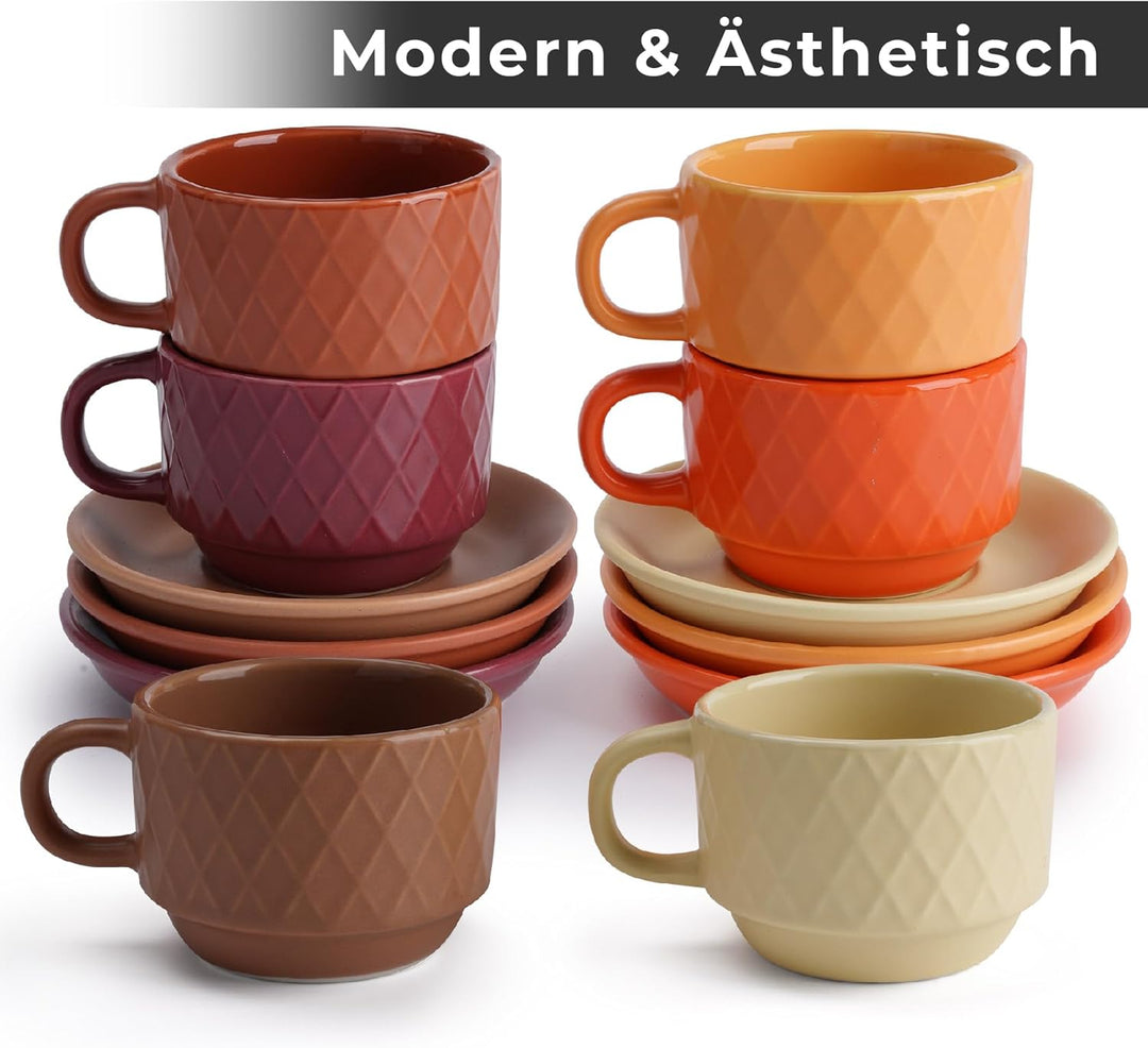 MIAMIO – 6 x 75 ml Espresso Tassen/Espressotassen Set mit Ständer Steingut Keramik - Palmanova Kolle