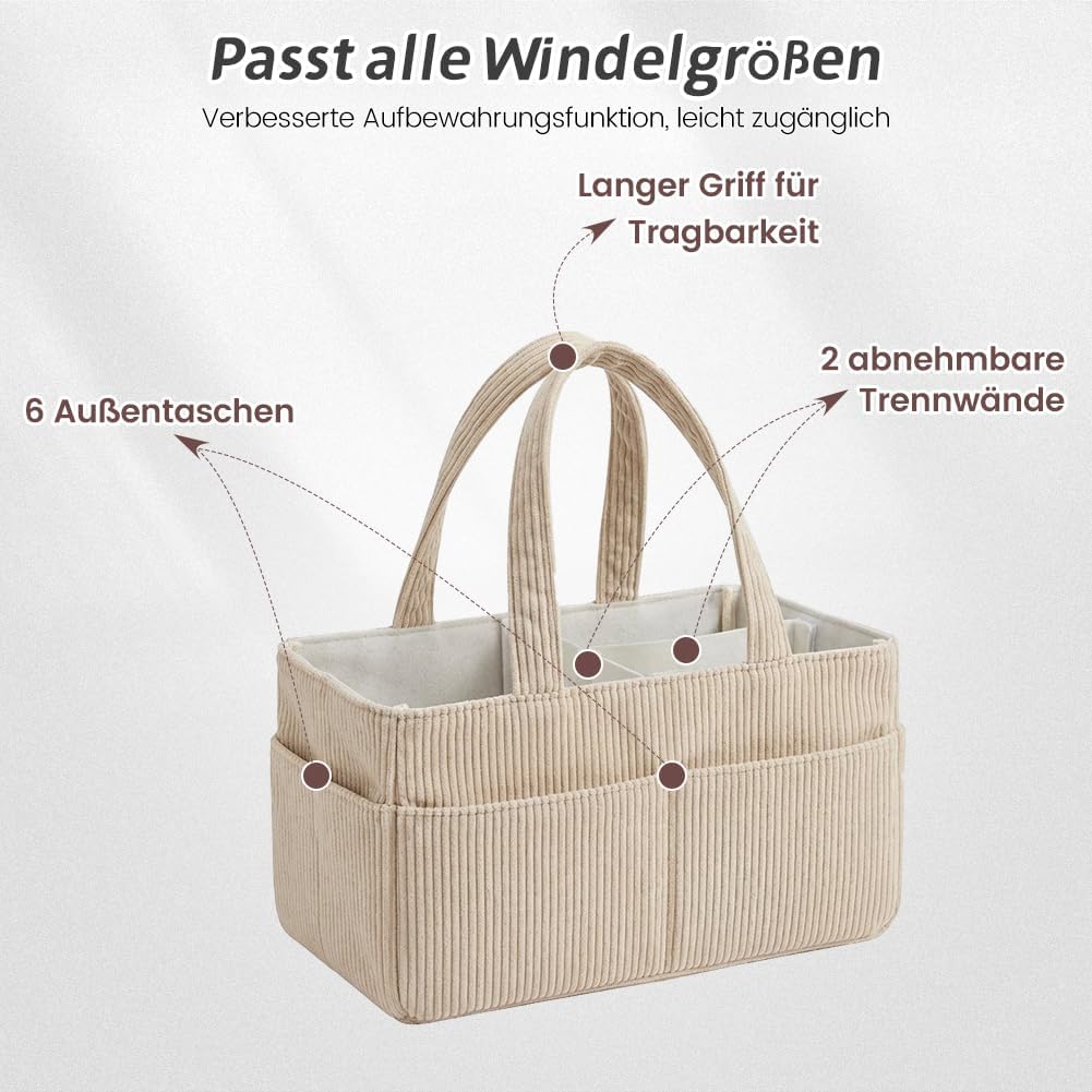 Generisch Wickelkorb Cord Beige, 18x23x36cm Wickelorganizer für Windeln, Feuchttücher und Babyartike