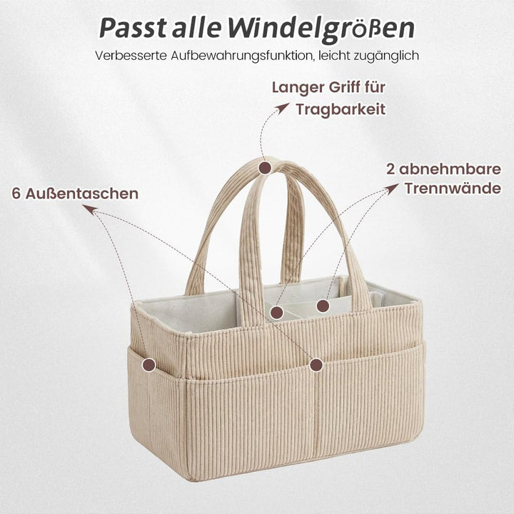 Generisch Wickelkorb Cord Beige, 18x23x36cm Wickelorganizer für Windeln, Feuchttücher und Babyartike