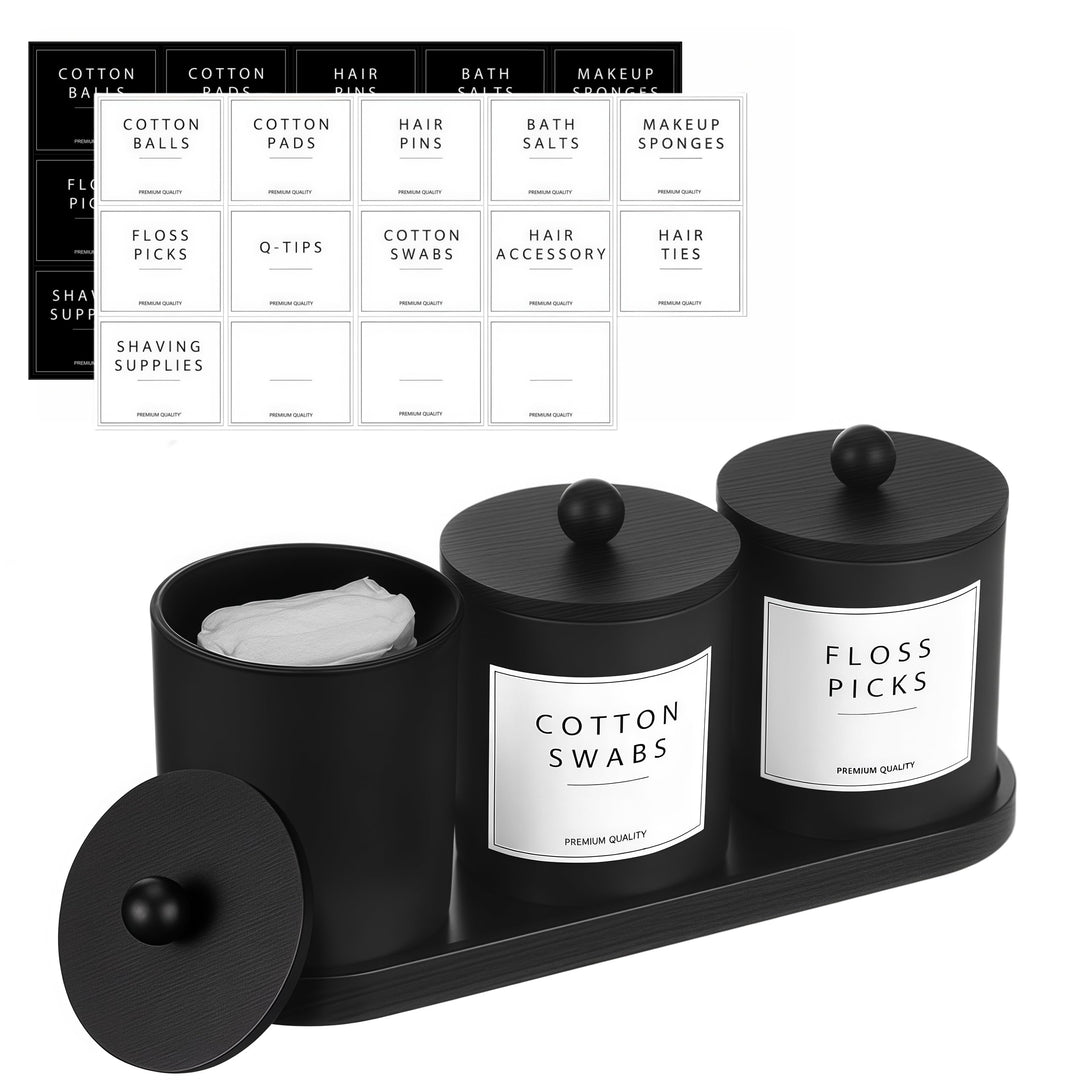 BIKALAN Glas Wattestäbchen Behälter, Schminktisch Badezimmer Organizer Set mit Tablett, Wattepadspen