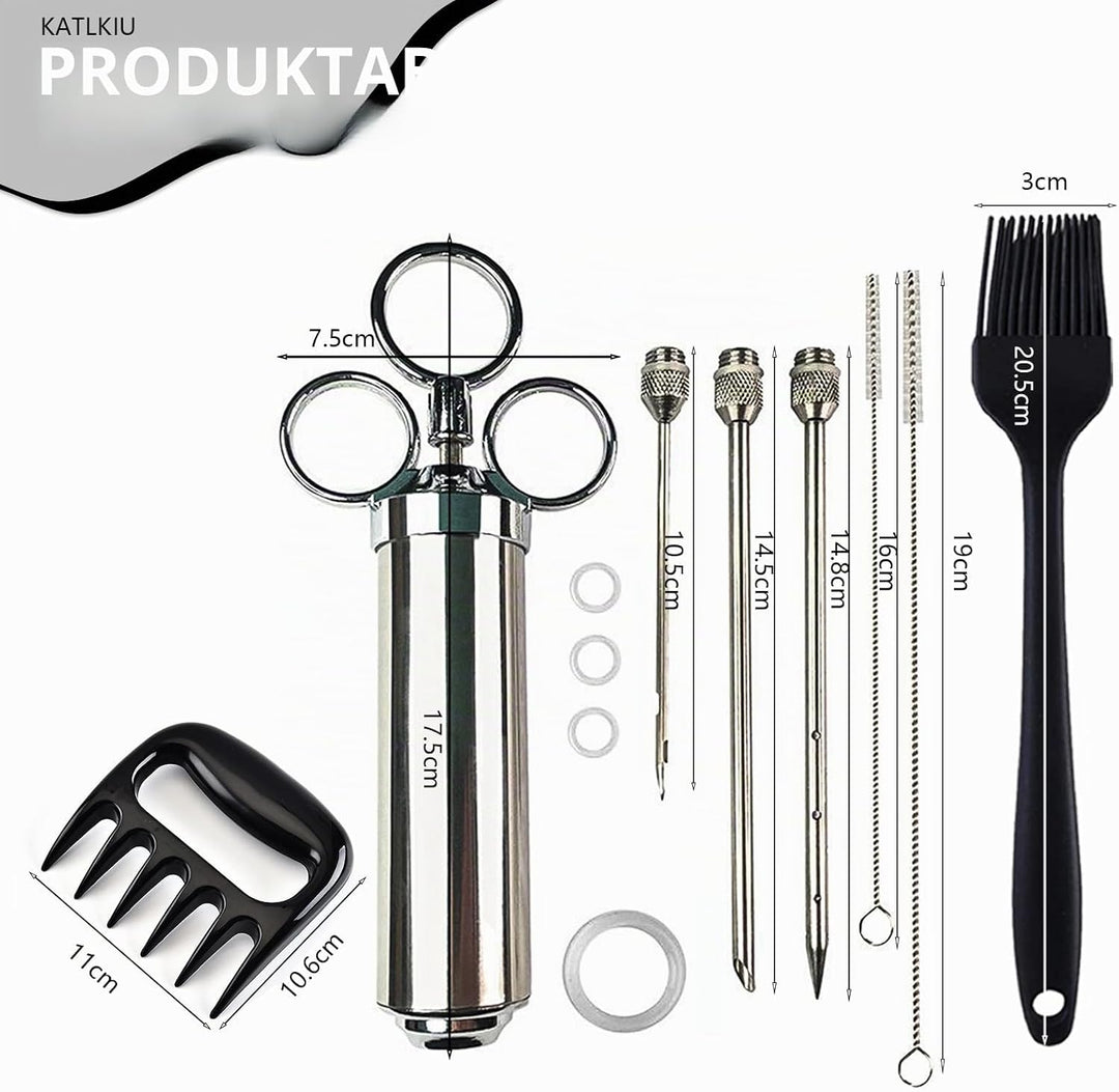 KATKLIU Fleischspritze Set aus Edelstahl 60ml mit 3 Nadeln – BBQ Marinadenspritze und Bratenspritze