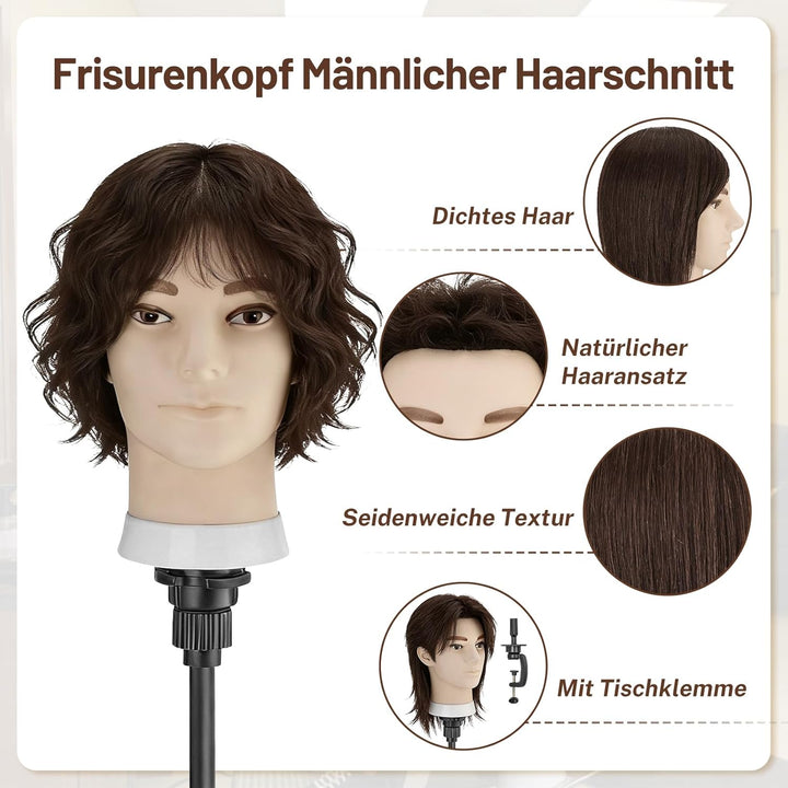 TwoWin 33 cm (13 Zoll) Frisierkopf Echthaar, Mann Friseurkopf Übungskopf 100% echthaar, Trainingskop