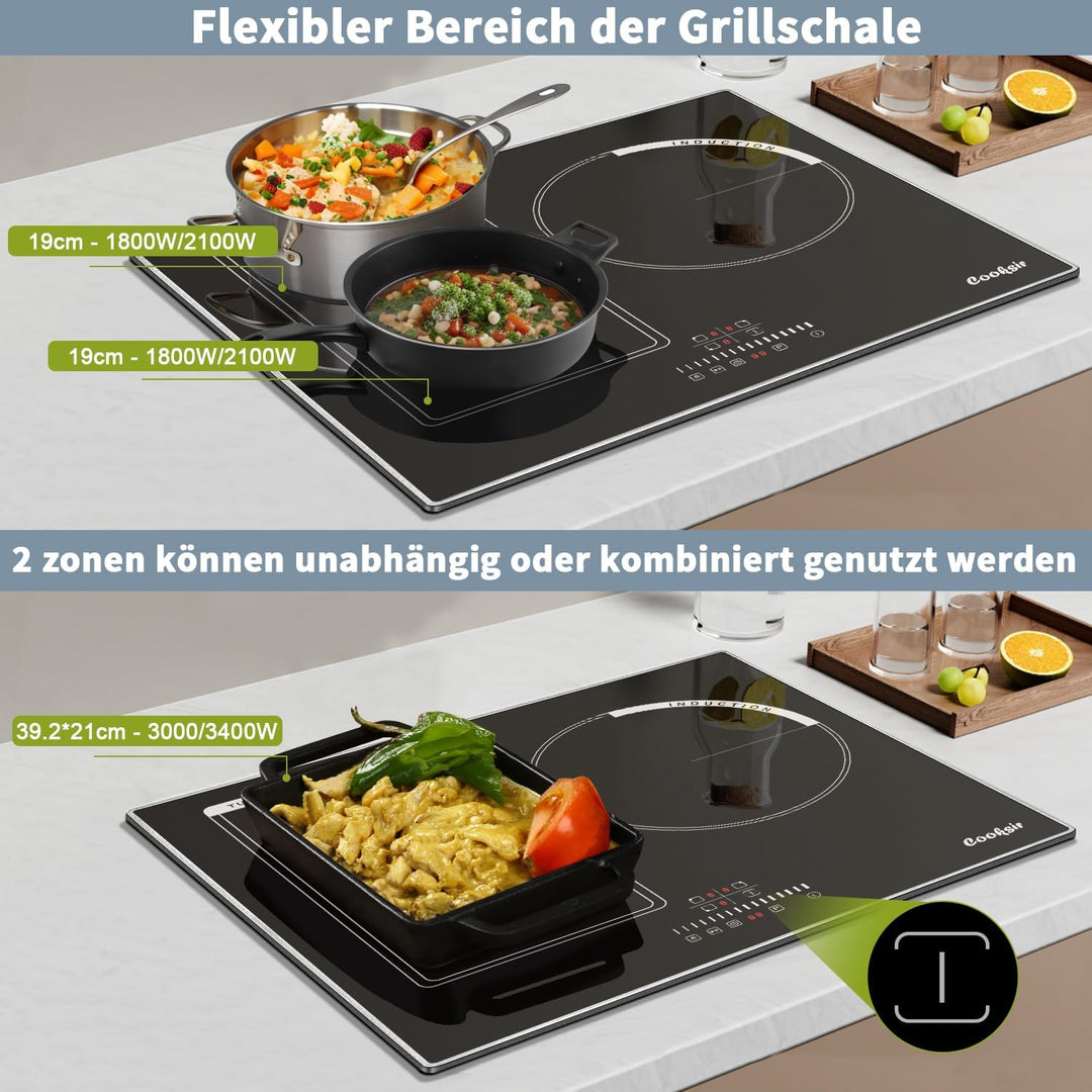Cooksir Induktionskochfeld mit Rahmen, 60cm Einbau Kochfeld 3 Platten, 6800W, Flex Zone für Grill, K