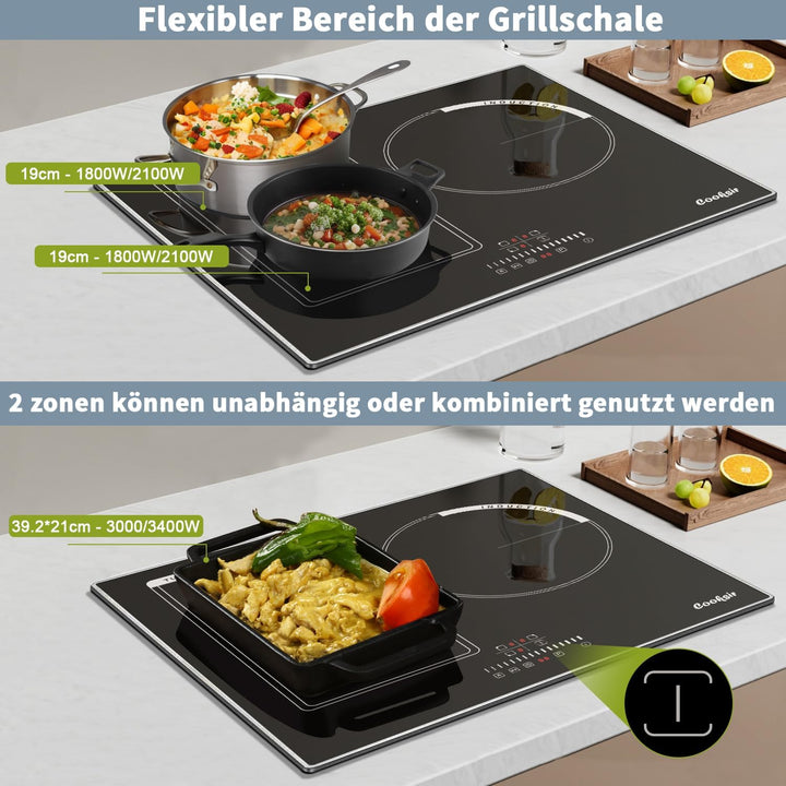 Cooksir Induktionskochfeld mit Rahmen, 60cm Einbau Kochfeld 3 Platten, 6800W, Flex Zone für Grill, K