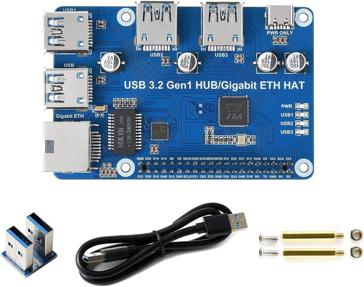 Waveshare USB 3.2 Gen1 and Gigabit Ethernet HUB HAT for Raspberry Pi 3X USB 3.2 Gen1 1x Gigabit Ethe