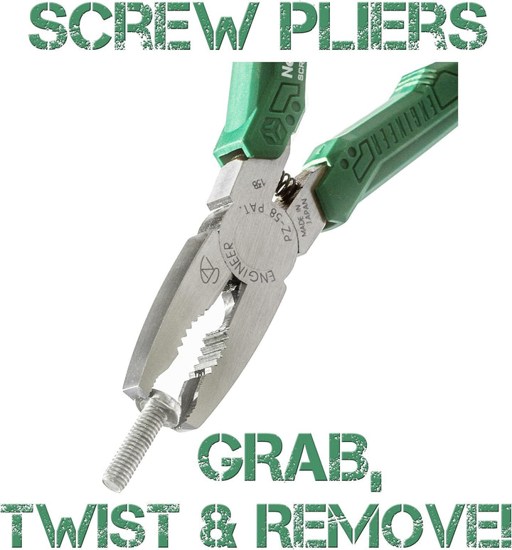 Kombizange mit vertikalen Rillen zum schnellen Lösen beschädigter Schrauben (Grüne Griffe). Japanisc