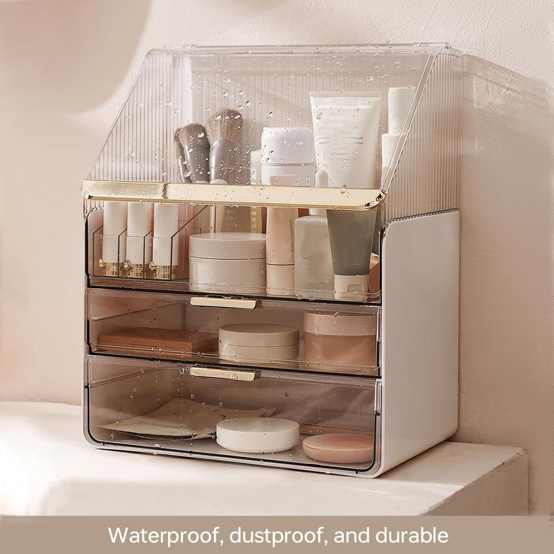 Grosse Make-up-Aufbewahrungsbox, 3-stöckig – Kosmetik-Organizer für die Theke mit Deckel, Schminktis