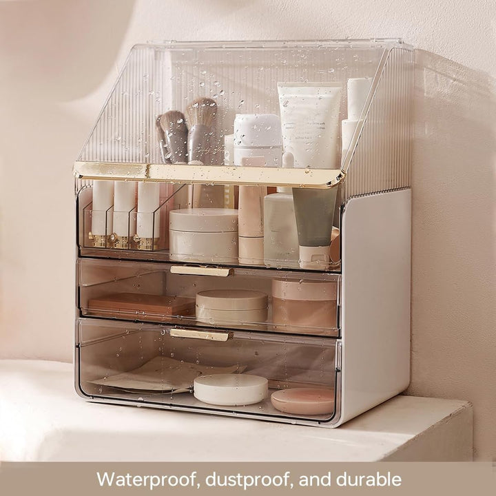 Grosse Make-up-Aufbewahrungsbox, 3-stöckig – Kosmetik-Organizer für die Theke mit Deckel, Schminktis