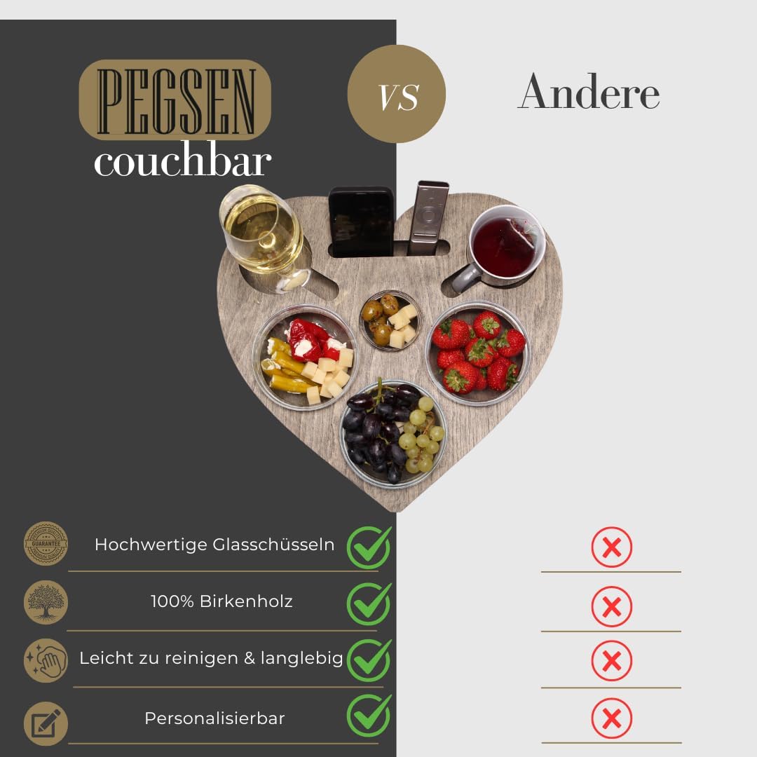 Herz Couchbar in Grau mit 4 Glasschalen - Sofa Butler für Snacks & Getränke [stabil & sicher] Snackb