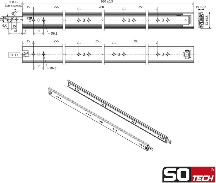 1 Paar SOTECH Schwerlastauszüge VarioSlide KV2-100-H53-L950-EH 950 mm mit Lock-in/out Einrastfunktio
