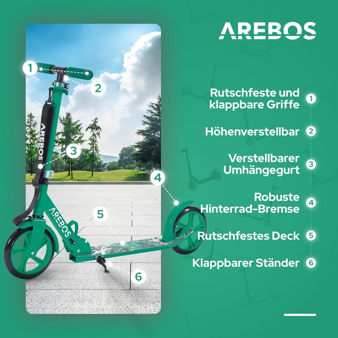 Arebos Cityroller Tretroller Scooter höhenverstellbar | klappbar | inkl. Traggurt | XXL Räder | Trit