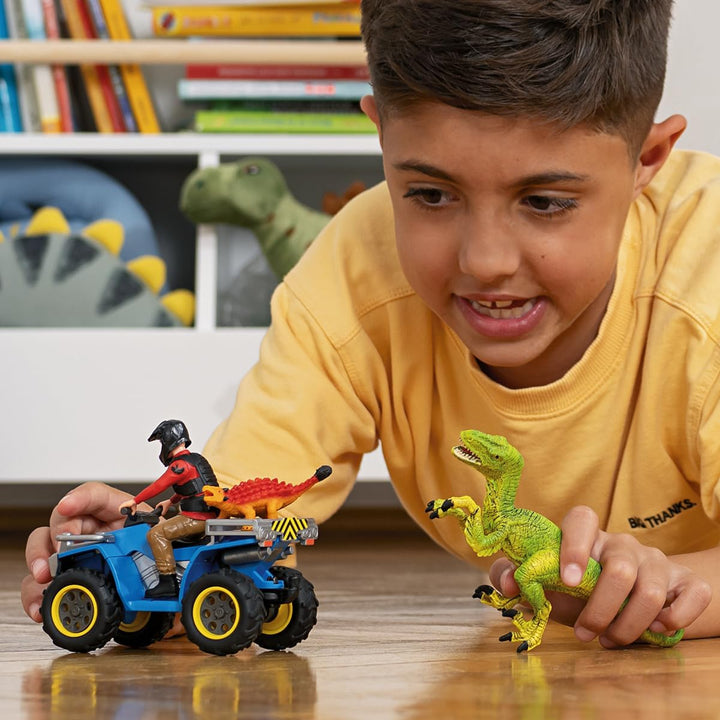 SCHLEICH 41466 Flucht auf Quad vor Velociraptor, für Kinder ab 5-12 Jahren, Dinosaurs - Spielset Sin